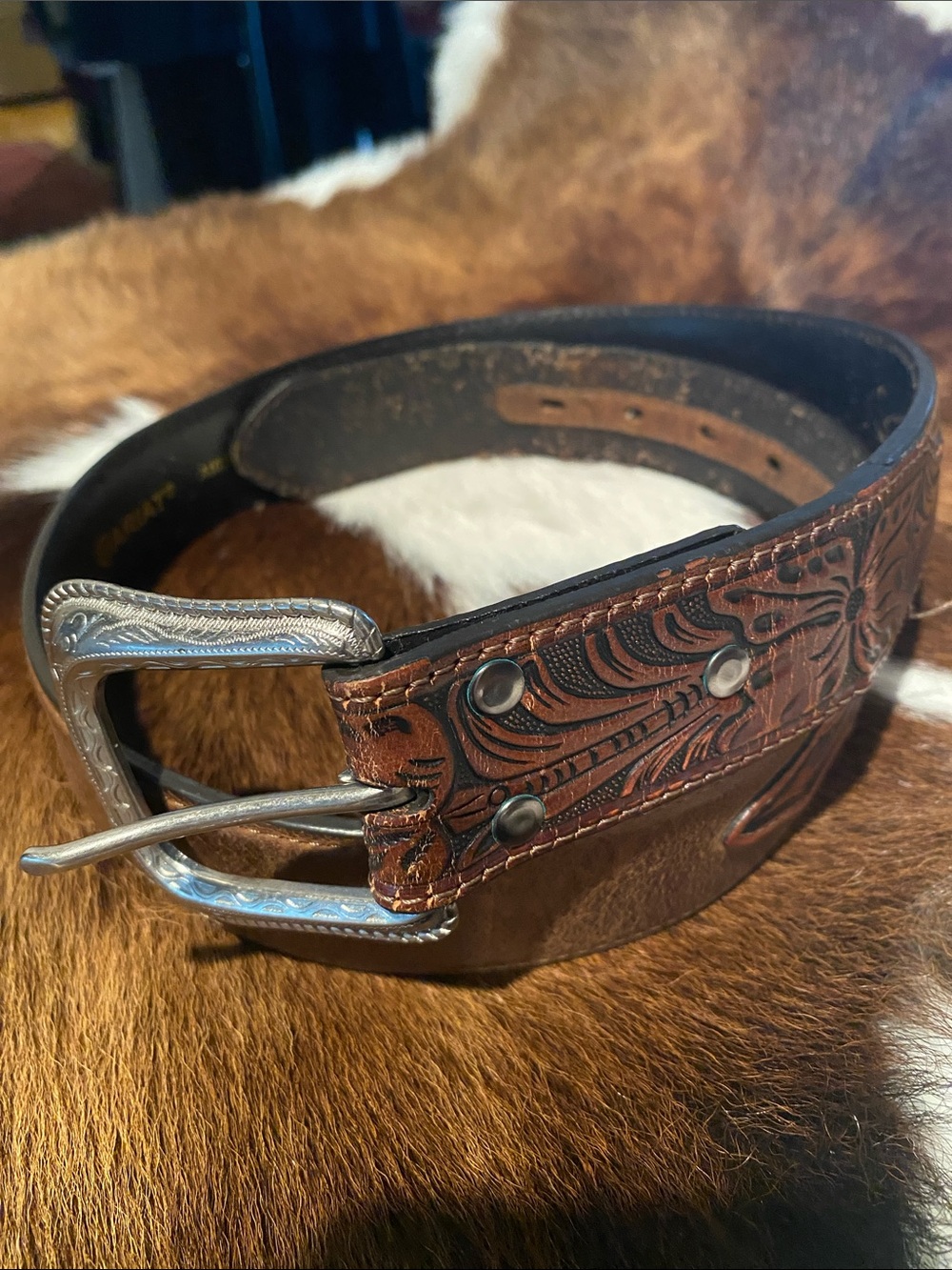 Ariat Brown Tooled Leather Western Belt Silver-Tone Buckle Size 34
